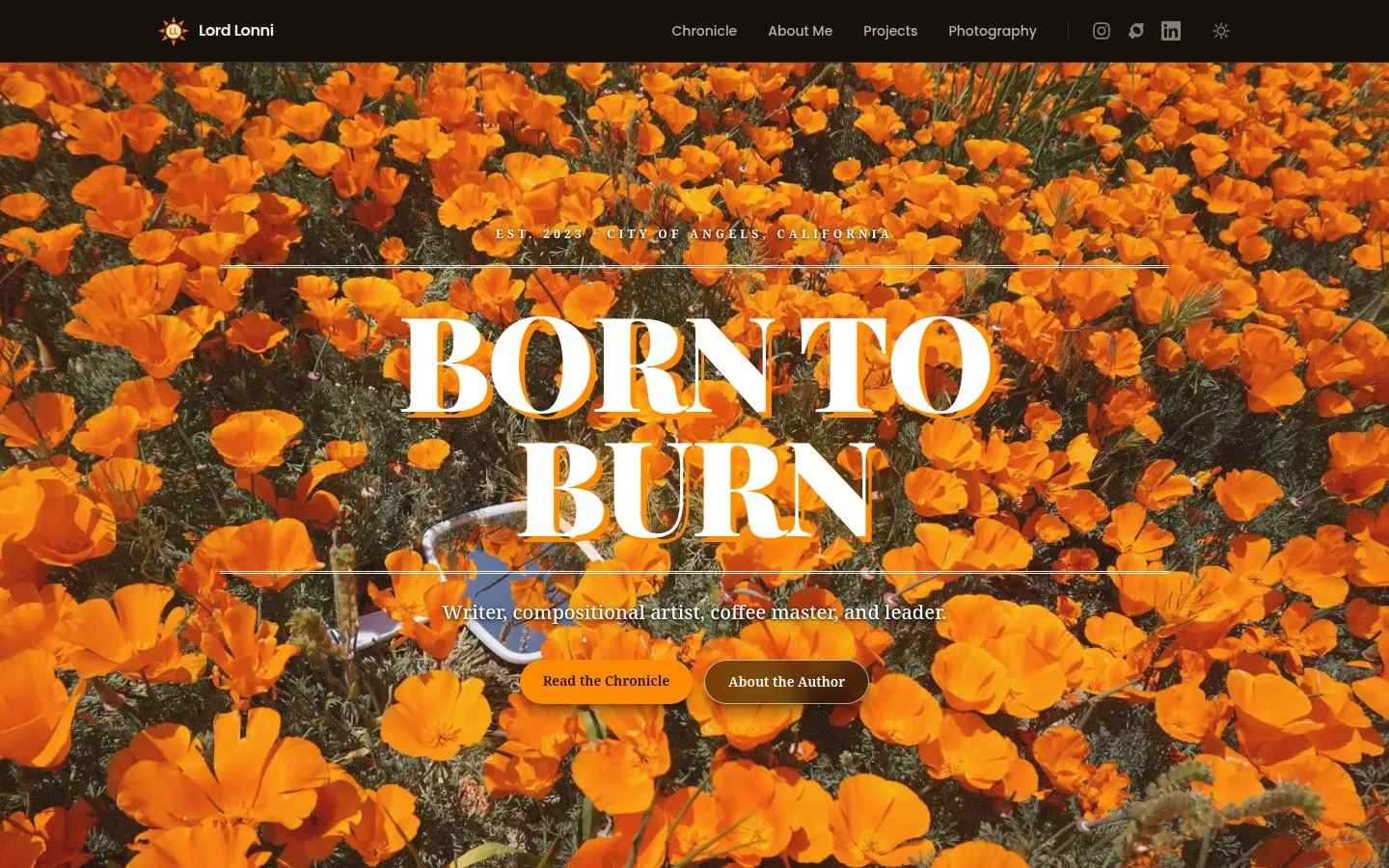 LordLonni.com homepage, the Born to Burn masthead over a field of California poppies