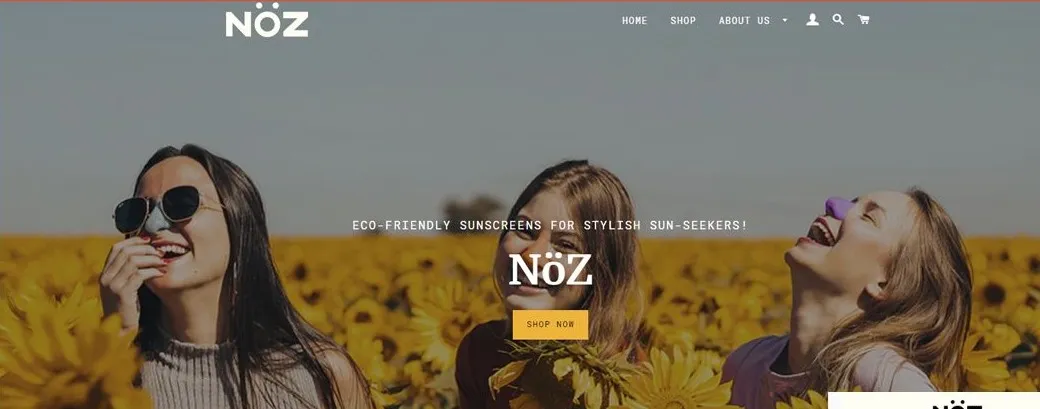 NöZ Shopify storefront homepage hero with the tagline 'Eco-friendly sunscreens for stylish sun-seekers'