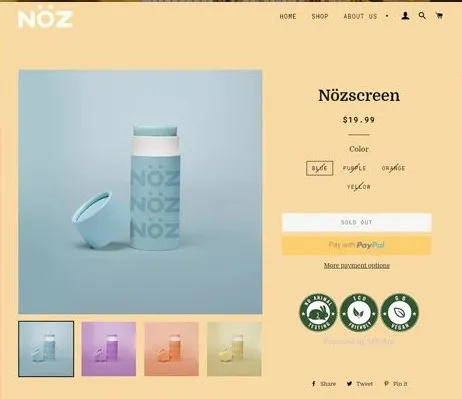 NöZ product page for Nözscreen with color options